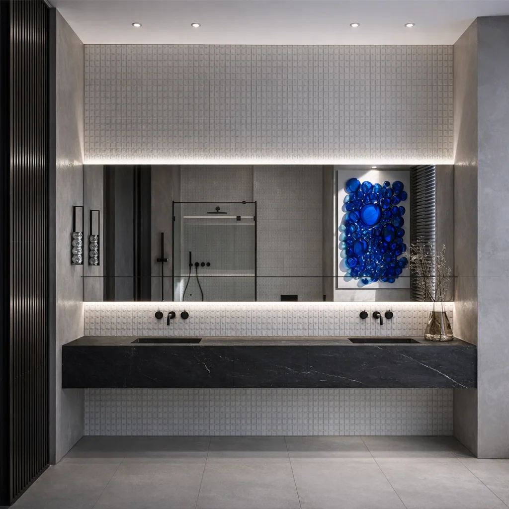 Wide bathroom vanity beneath a luminous textured wall and blue artwork