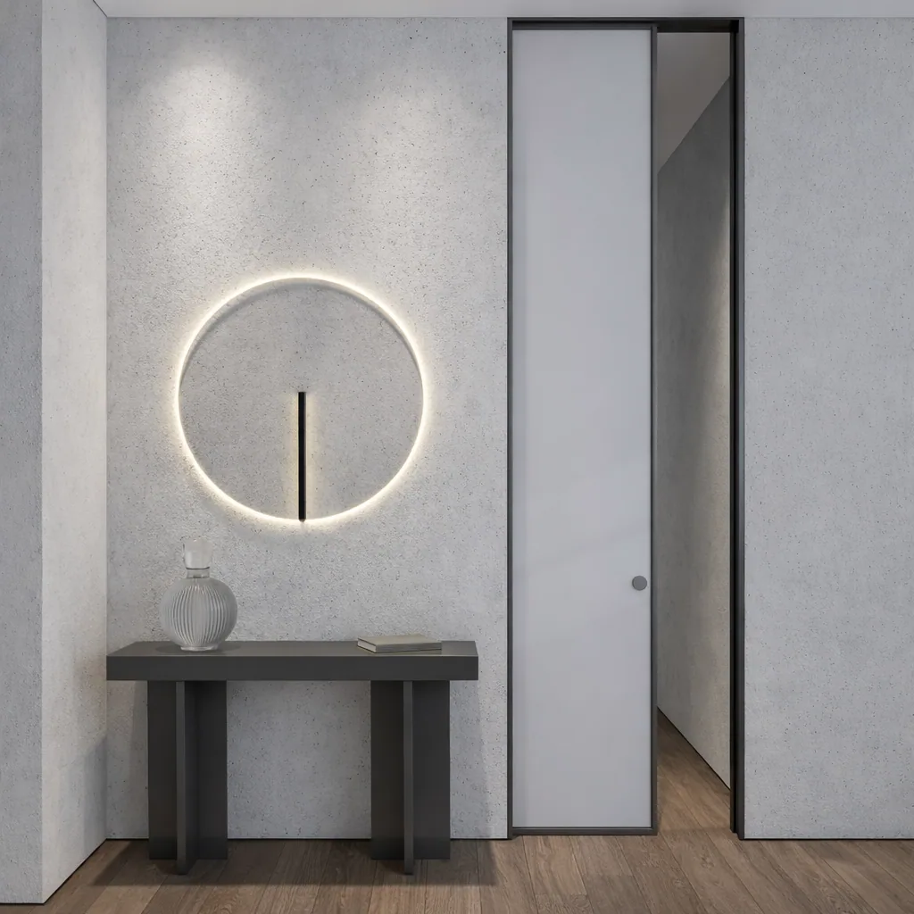 Slim console, circular illuminated artwork, and a concealed door in the entrance hall
