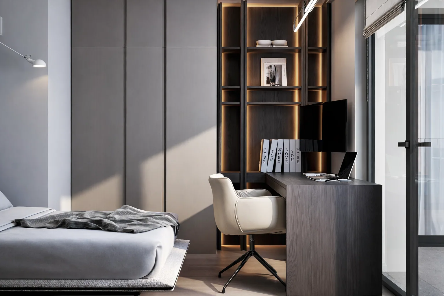Bedroom workspace with dark timber shelving beside the upholstered bed