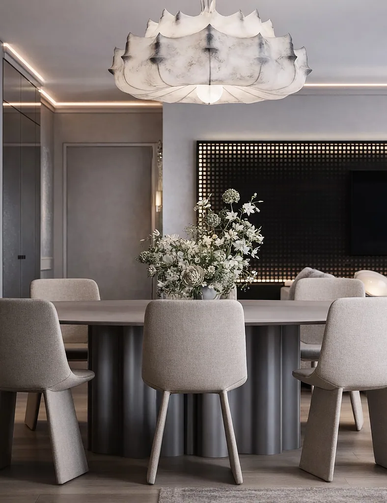 Dining and kitchen area of The Quiet Rise apartment in a soft grey palette