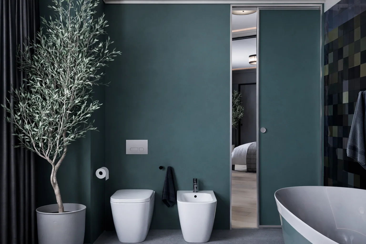 Dark green bathroom wall with a concealed door and white sanitary fittings