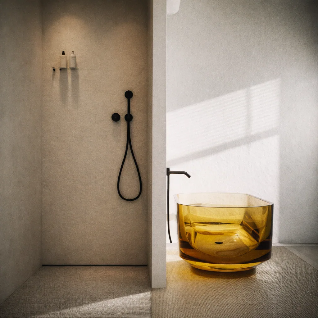 Amber glass bath set against a softly textured bathroom wall