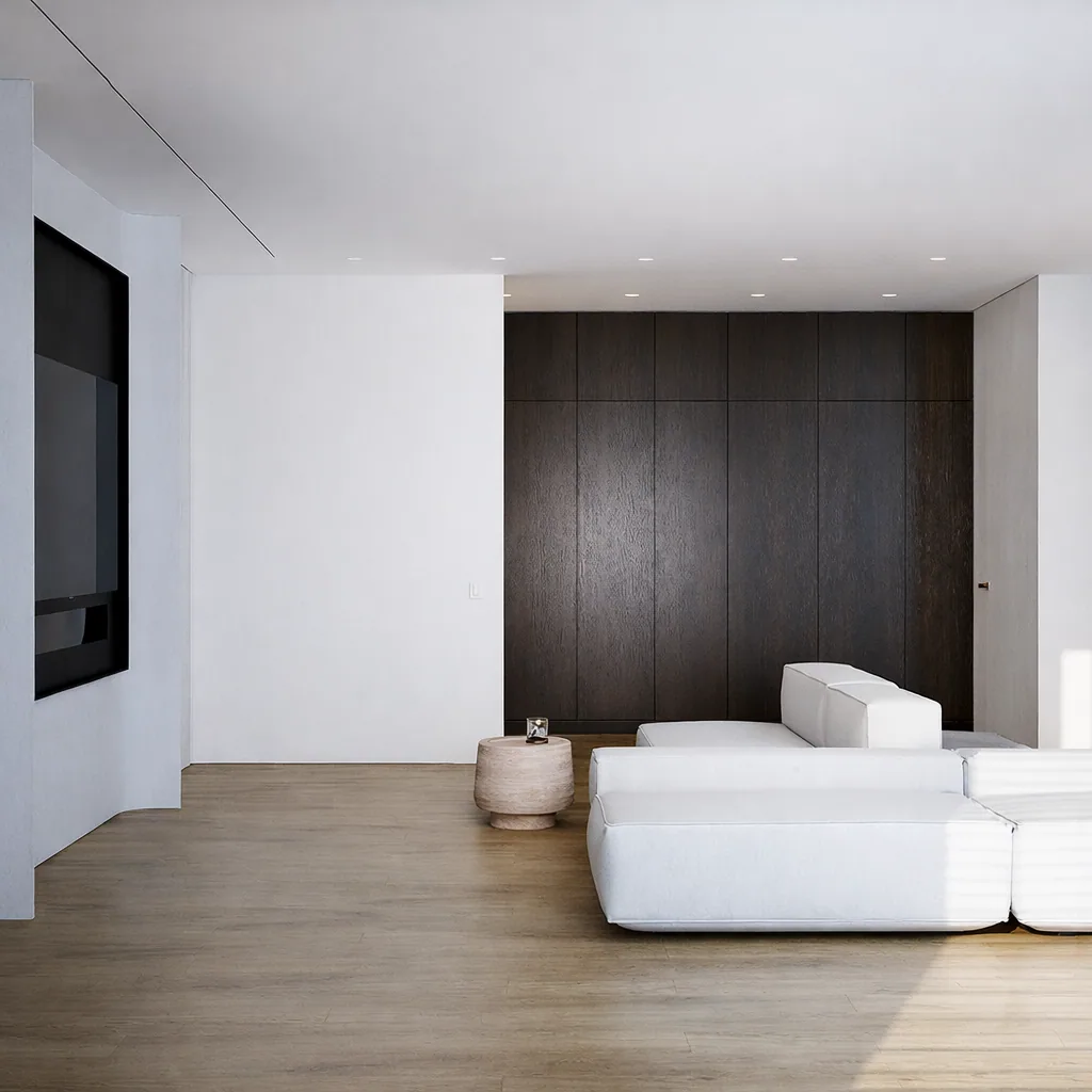 Living room with white volumes, dark timber storage, and warm oak flooring