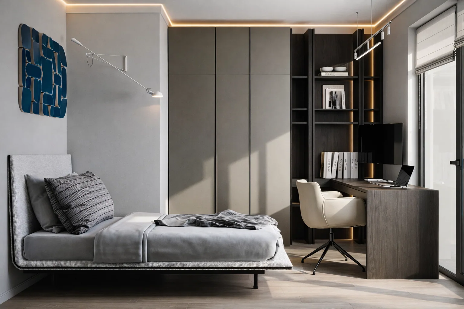 Guest room with a daybed, compact desk, and blue artwork