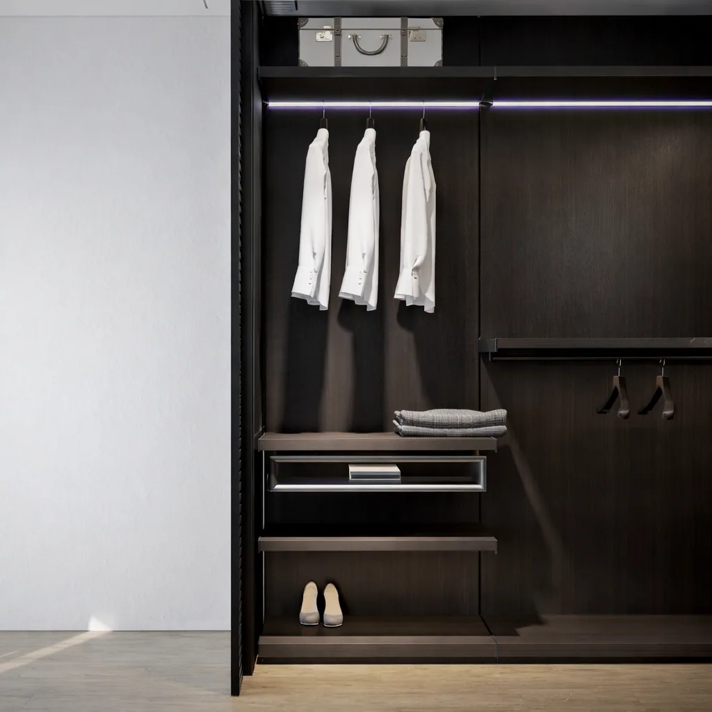 Illuminated dark timber wardrobe with carefully organised storage