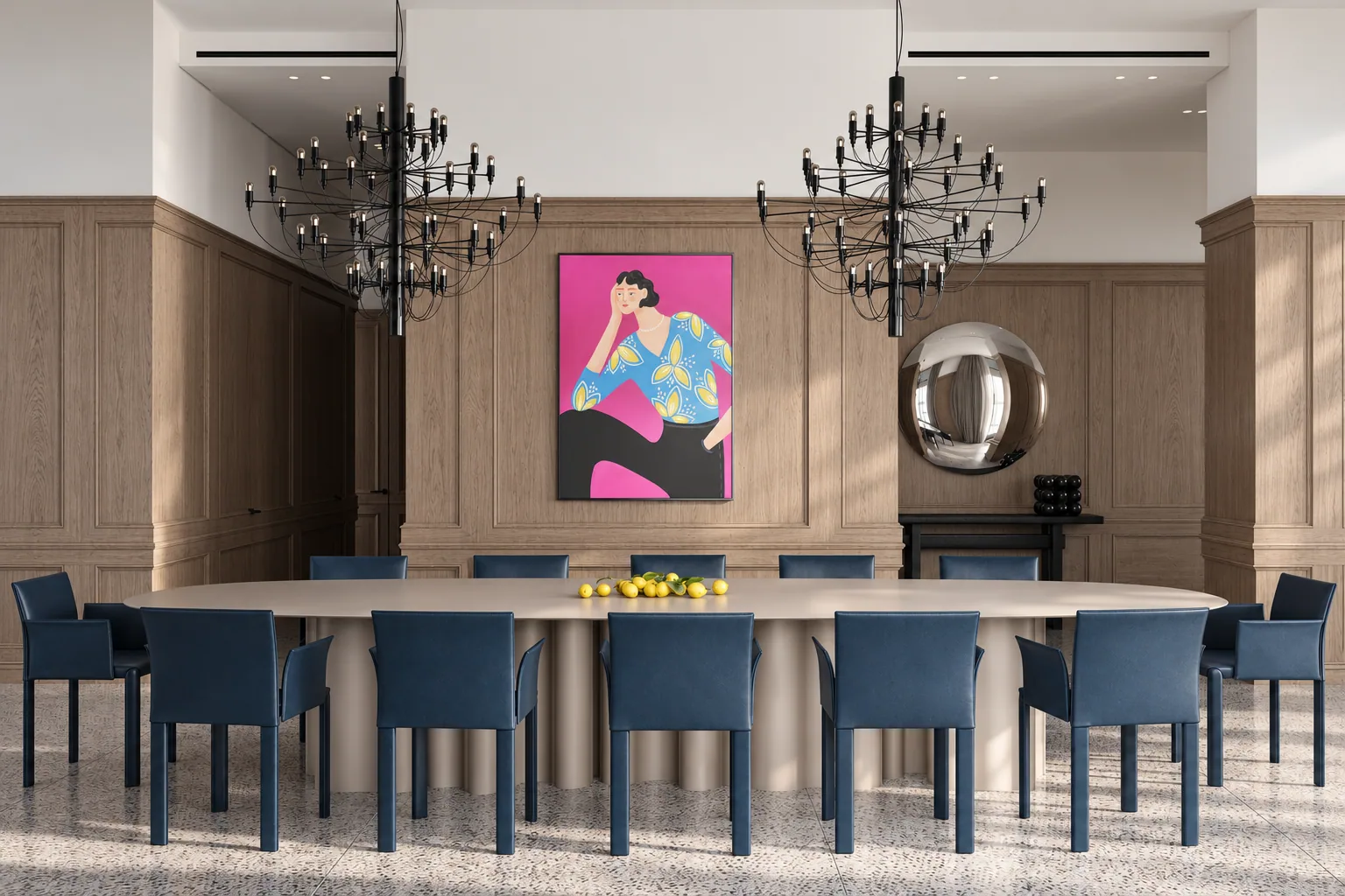 Частный круг — столовая с двумя люстрами и картиной